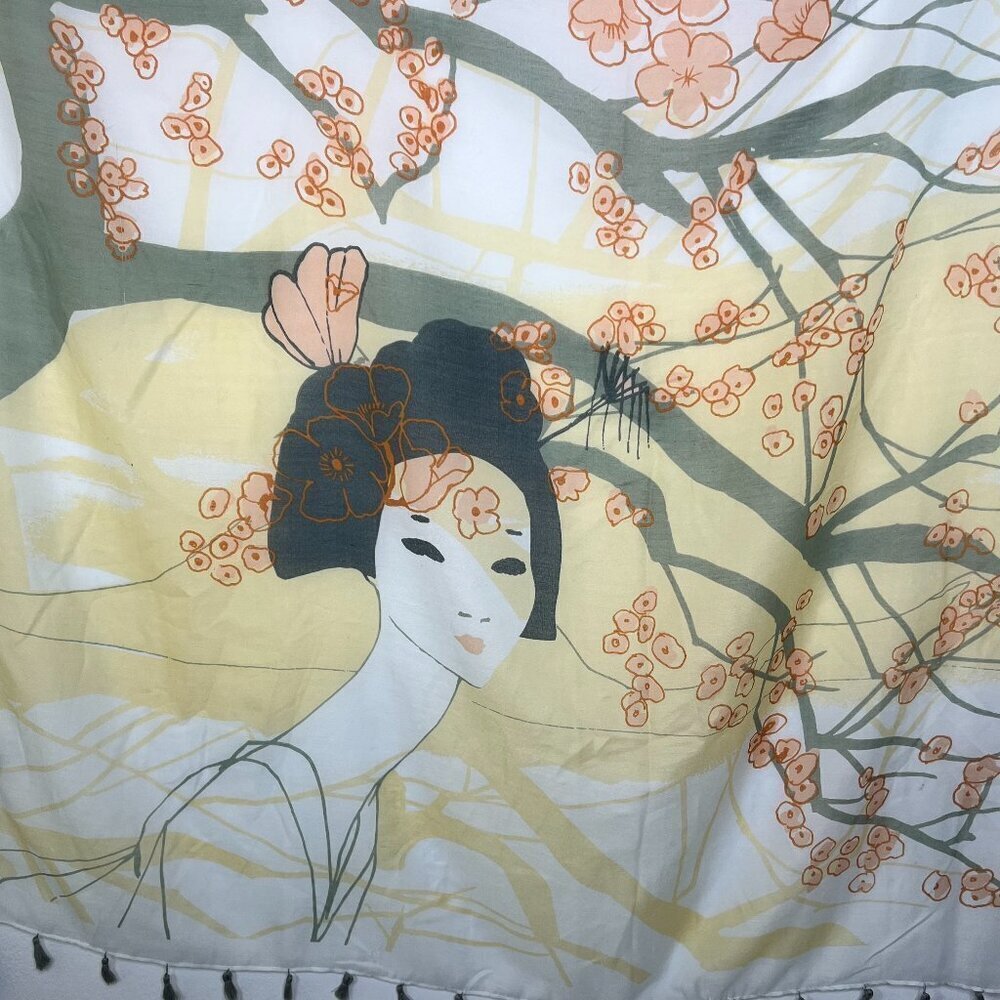 Women's Square Scarf‎ 48" Wrap Shawl Tassels Asian Geisha Cherry Blossoms Sheer